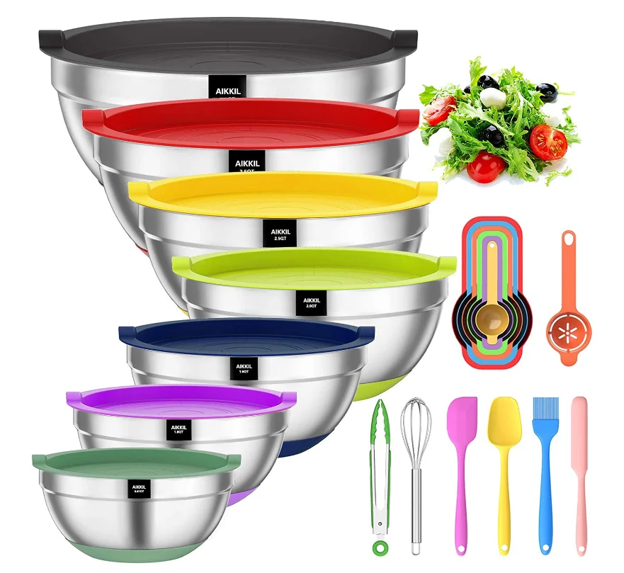 Смешивающие миски с герметичными крышками, металлические гнездовые миски из нержавеющей стали 20 шт., нескользящее цветное Силиконовое дно AIKKIL
