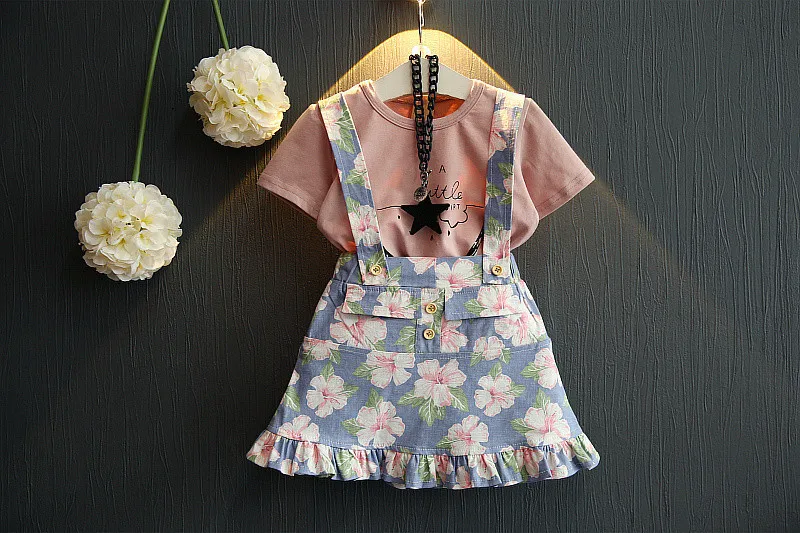 cheap wholesale china clothing kids Small and medium girls clothes set watermelon T-shirt floral strap short skirt 2 piece suit