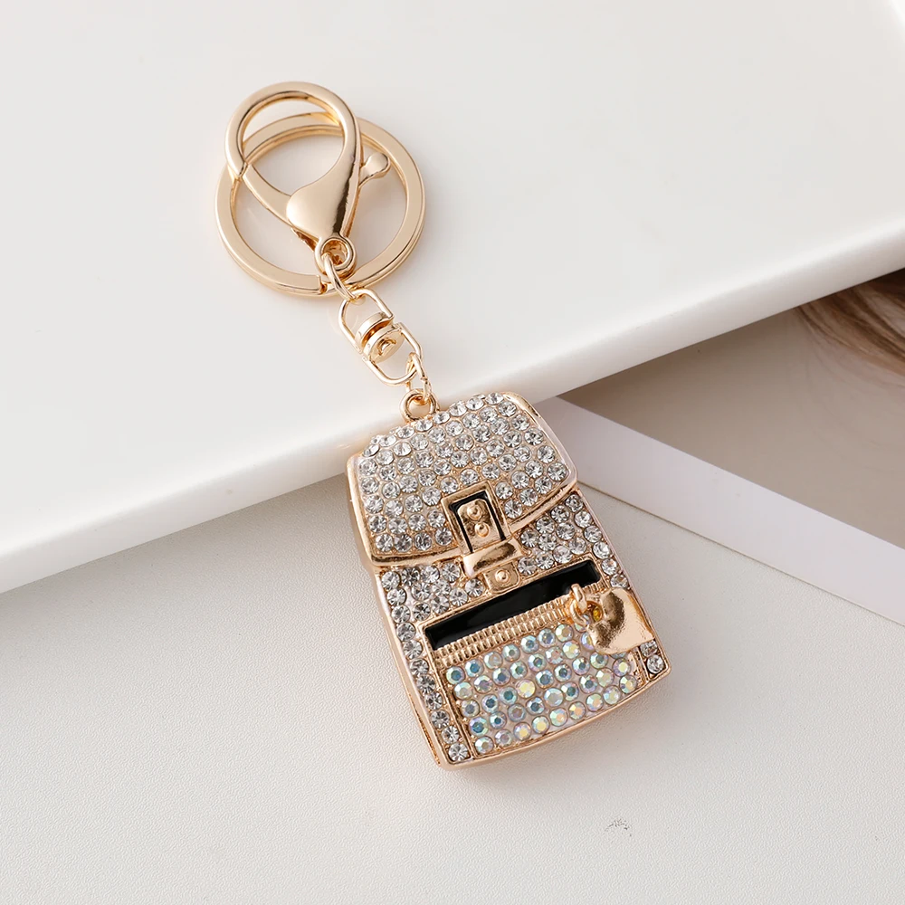 Creative Diamond Love Heart Backpack Charm Key Ring Rhinestone Bag Shaped Pendant Keychain For Couple