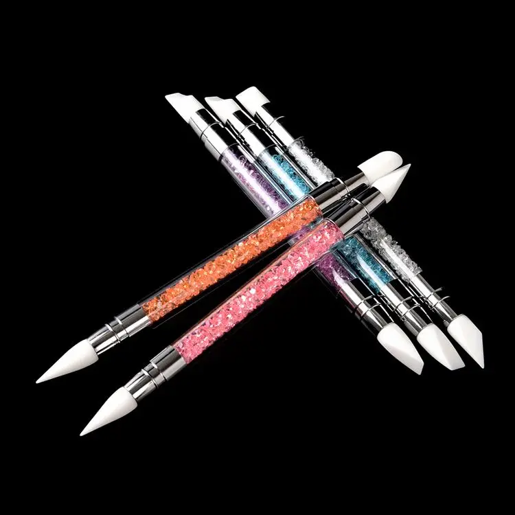 Colorful 5pcs/set crystal acrylic handle double ended silicone head nail art pen brushes silicone nail pen brush