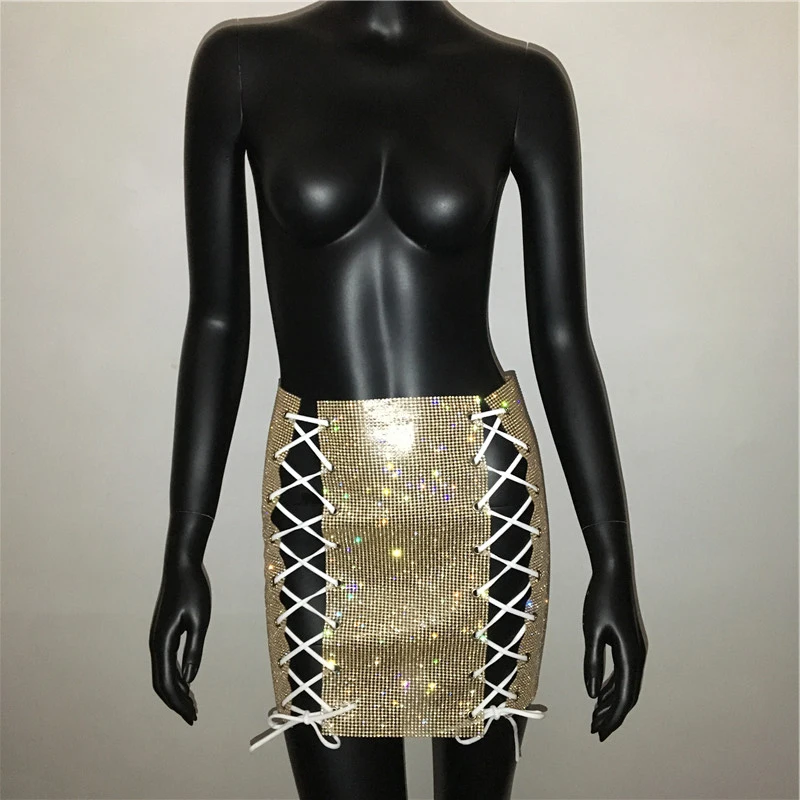 SH1028 Luxury Glitter Metal Crystal Diamonds Skirts Women Diamonds Rhinestone Lace Up Sexy Clubwear Nightclub Mini Skirt