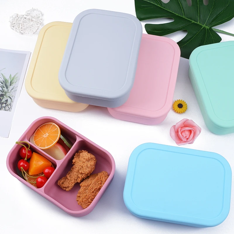 amazon hot selling Food Grade silicone lunch box Portable Kids Bento Box Silicone Food Storage Container with  3 Compartment