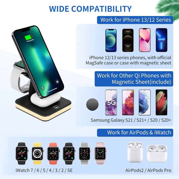 4 En 1 Chargeur Multifonction De Telephone Megsafe Wireless Charger Holder Stations For iPhone With Lighted Induction Charger