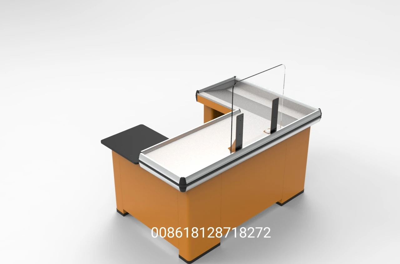 Supermarket Cashier Cash Desk Checkout Counter Edge Steel Belt Sets Packing Finish Plastic Powder Material Origin Type Aluminum