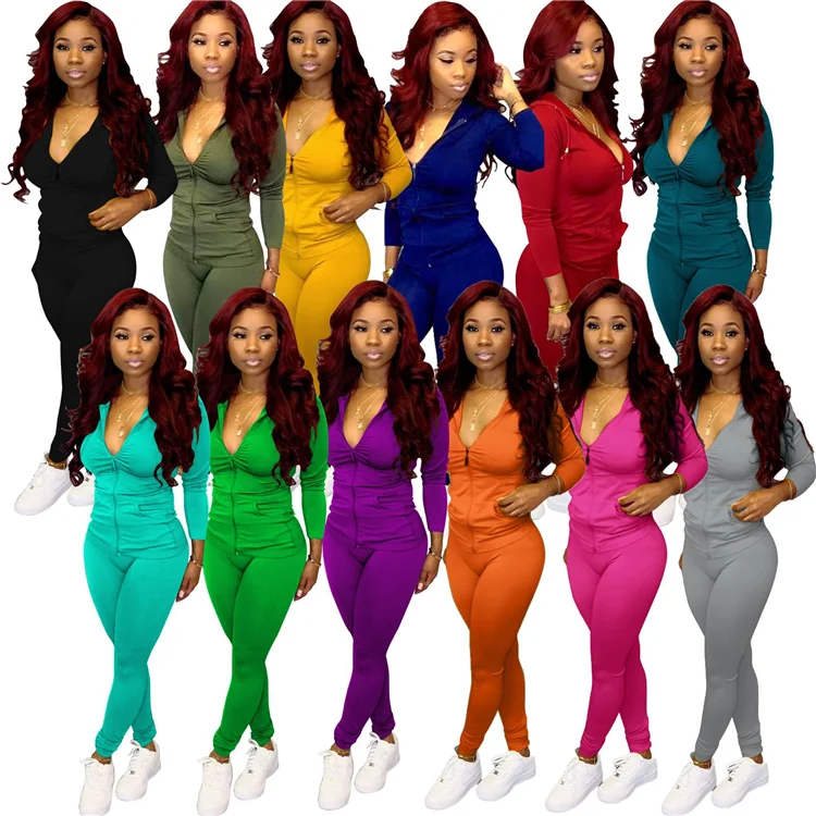 Plus Size Leisure Ladies Sweatsuit Solid Hooded Bodycon Yoga Clothing Two Piece Autumn Jogging Women Fitness Tracksuit Set