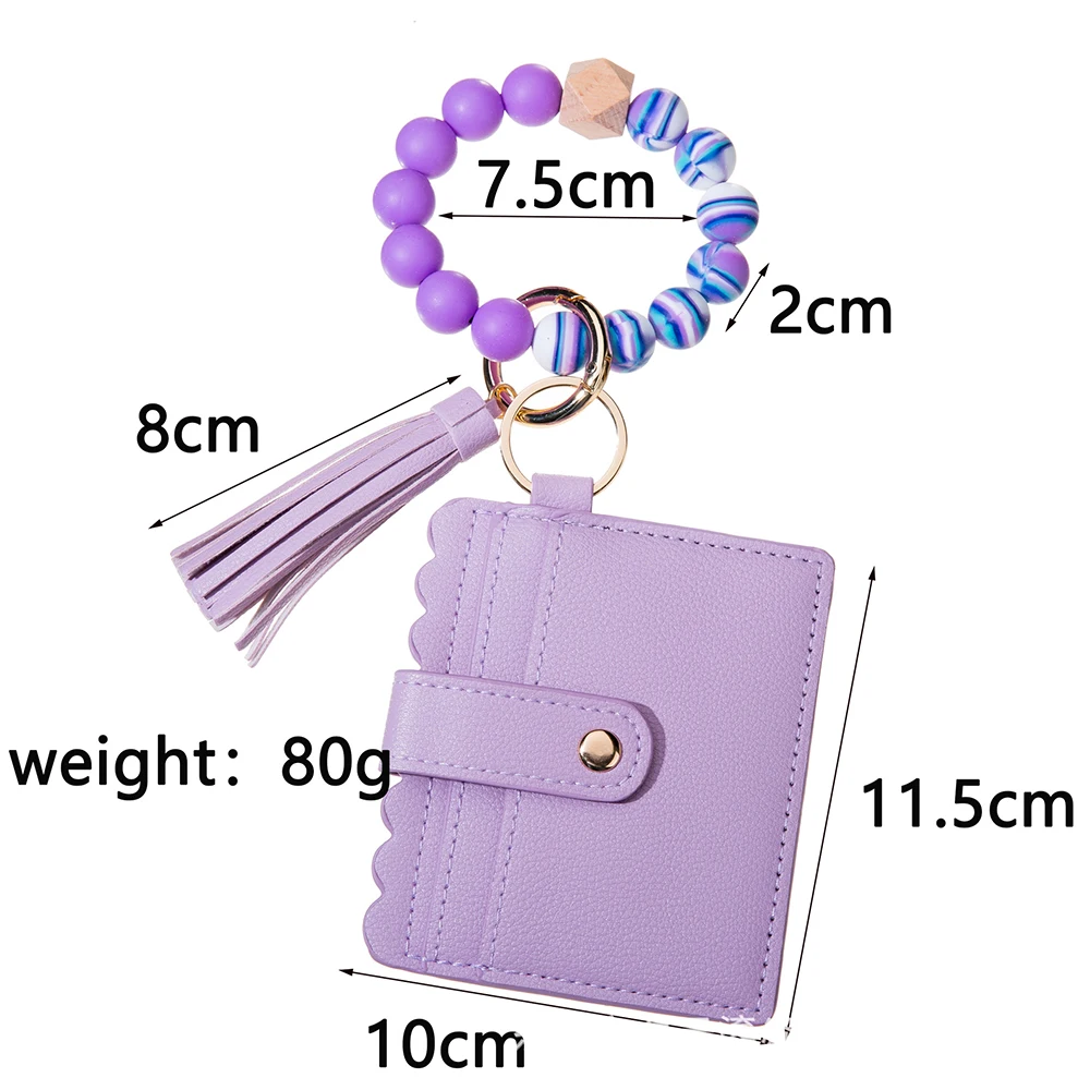 Silicone Bead Pu Bracelet Card Holder Purse Tassel Wristlet Wallet Leather Keychain Wristband Decoration Car Jewelry For Gifts