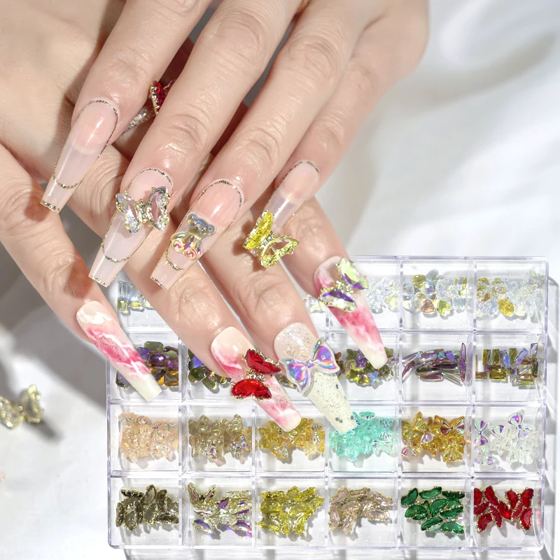 24 Grids mixed aurora crystal candy bow-knot bear heart nail decoration jewelry nail art rhinestones charms set