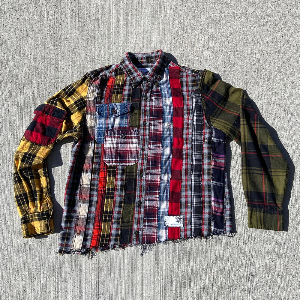 Custom hip hop streetwear uneven hem distressed men plaid shirts paneled flannels patchwork cut and sew panel flannel shirt
