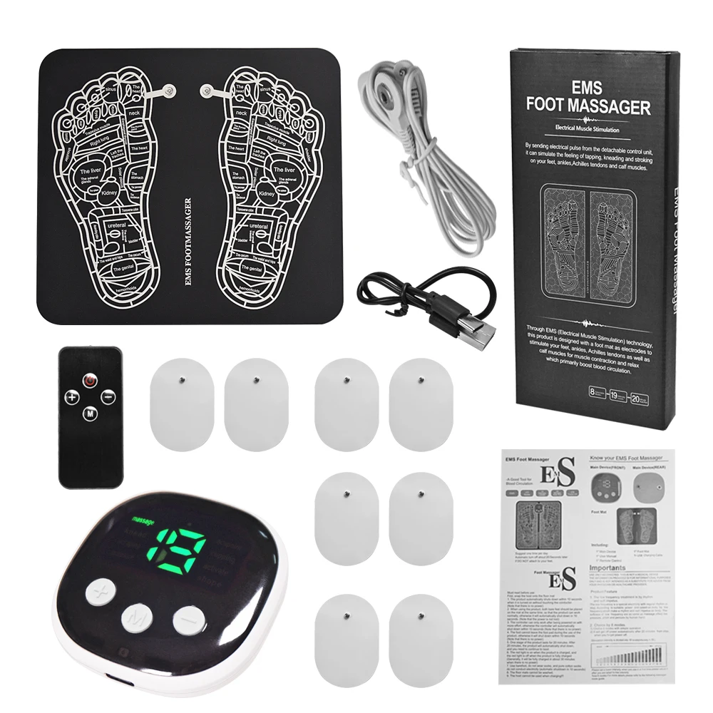 Foldable EMS Foot Massager 8 Modes 19 Intensitives  Massage Mat for Muscles Relaxation with Remote Control and TENS Pads