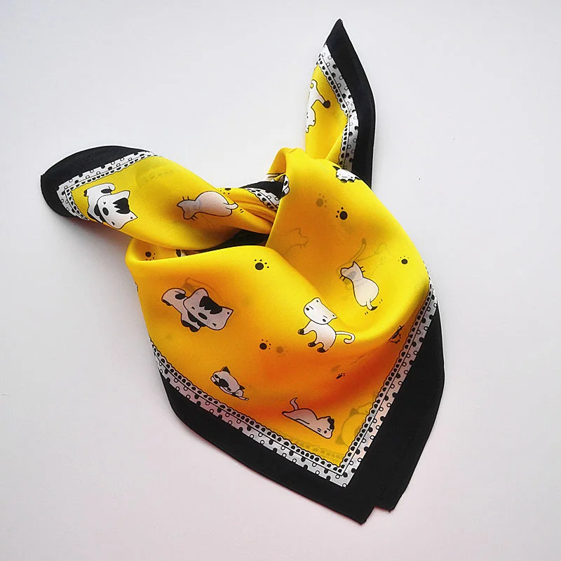 
Натуральный шелковый шарф для женщин и девочек 50*50 малые мягкие квадраты декоративная многофункциональный платок на голову, с милым рисунком кота платок шейный платок с запахом 