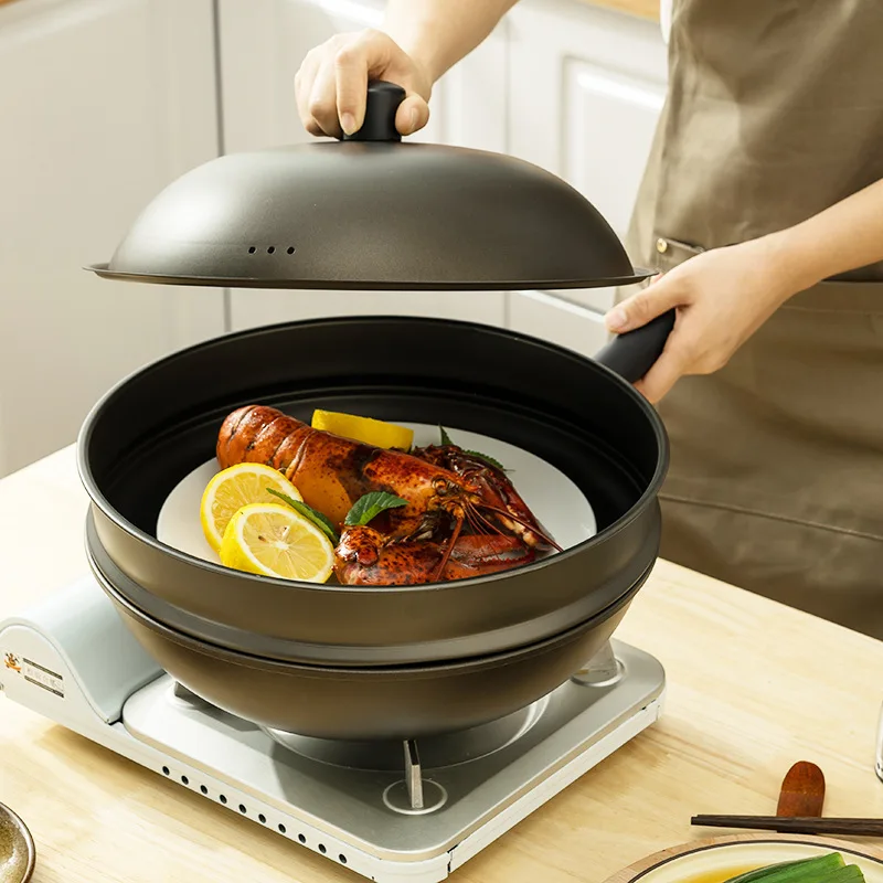 32cm Fine Iron Frying Pan Household Cooking Iron Pan with Steamer