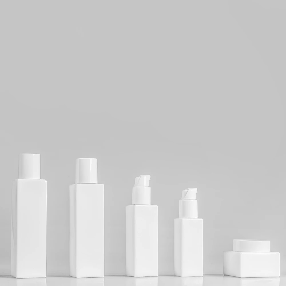 White opal square glass lotion bottle with pump or screw cap for skincare cosmetic packaging