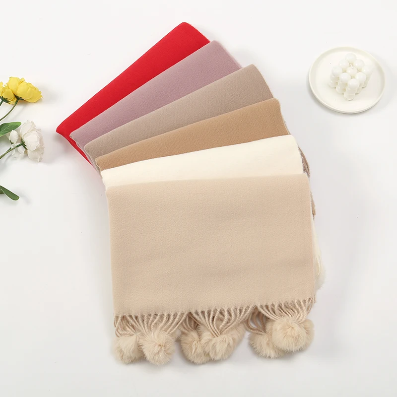 Winter Products 2023 Solid Color Shawl With Fur Ball Casual Warm Pashmina Scarf Women Cashmere Scarf