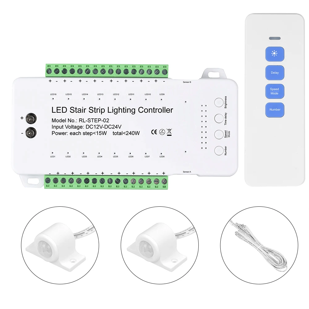 RF Remote Control PIR Motion Sensor Stair Lighting Controller Moving Effect Multiple Modes For 16 Steps Staircase Home Use