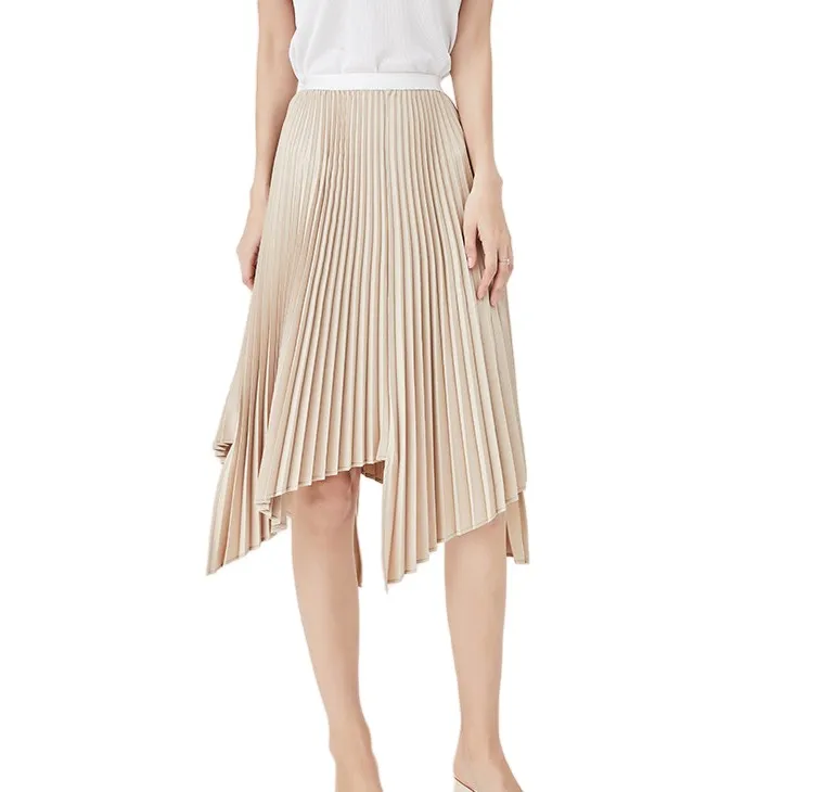 Summer Skirts Women Midi Knee Length Elegant High Waist Skirt Female Pleated School Skirt