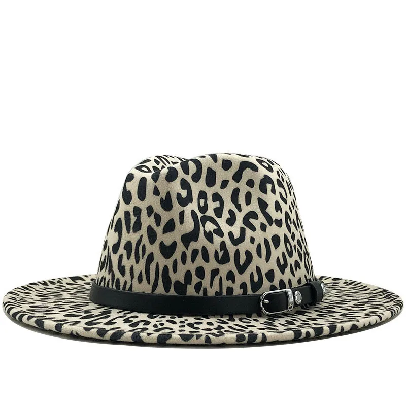 
Fashion Leopard Wool Felt Music Festival Party Cowboy Hats Men Women Fedora Hats with Leather Belt Buckle Wide Brim Panama Hats 
