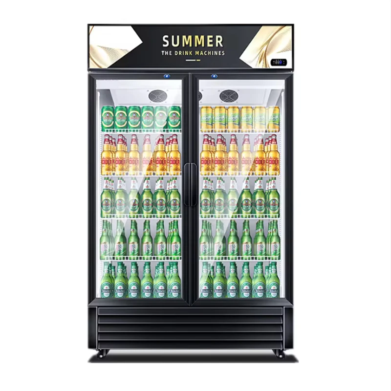 Double Door Transparent Glass Display Fridge Refrigerator Beer Cooler Freezer Upright Showcase