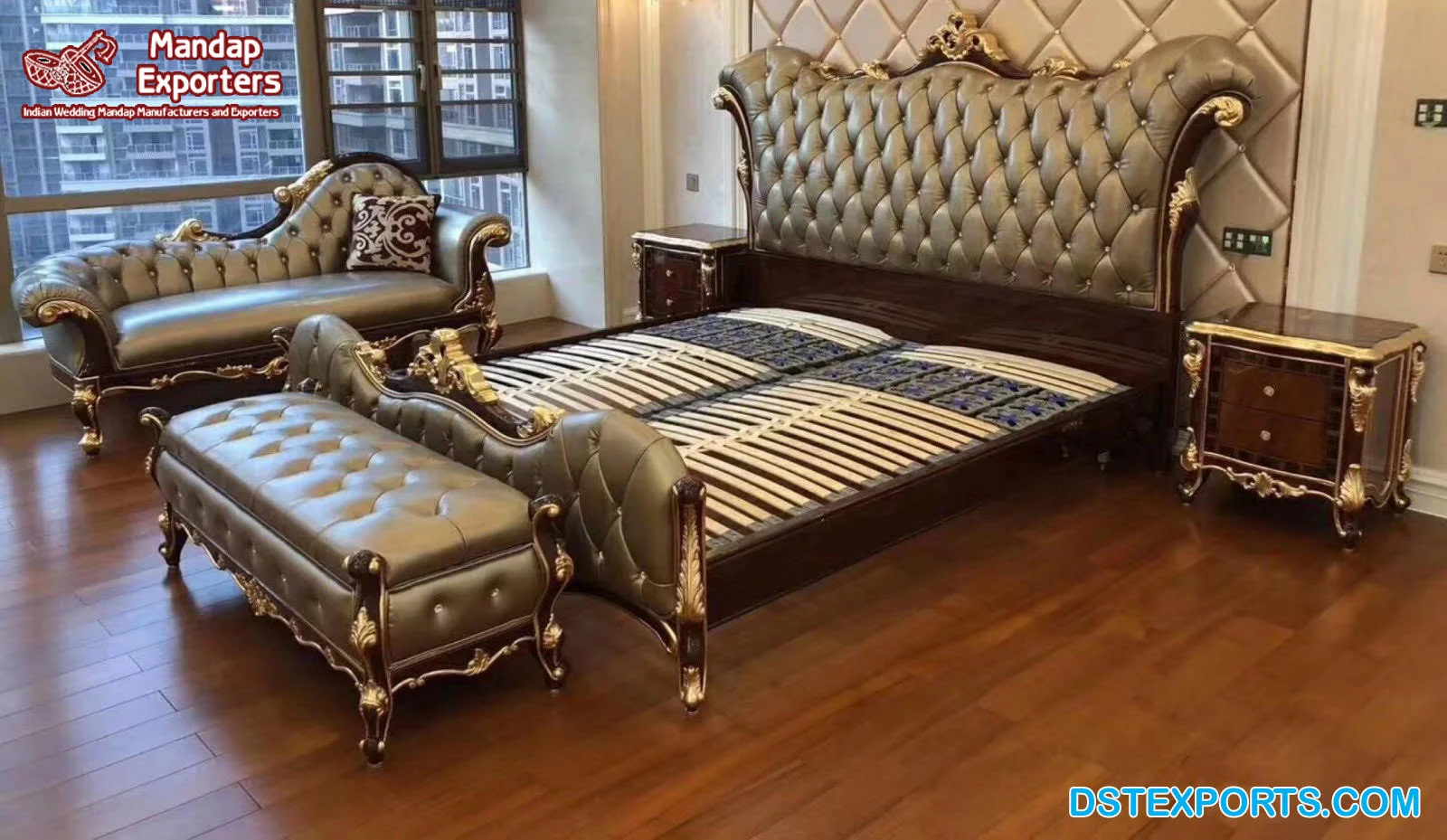Дизайнерская Резная Кровать ручной работы с тумбочками королевская большого размера Глянцевая Золотая мебель для