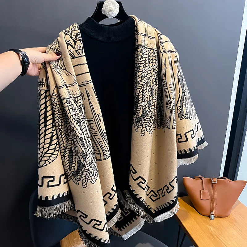 Imitation Cashmere Scarf for Women Luxury Design Shawls Wraps Tassels Pattern Blanket Poncho Winter Thick Warm Pashmina Scarf