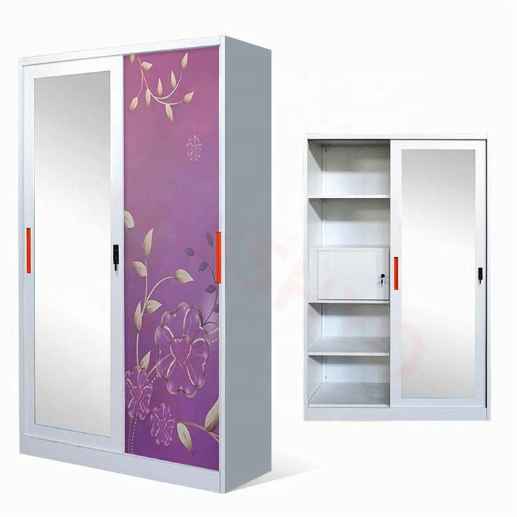 Stainless Steel 2-Door Wardrobe with Sliding Metal Doors Home Furniture Flower Print Storage Cabinet or Lemari Besi