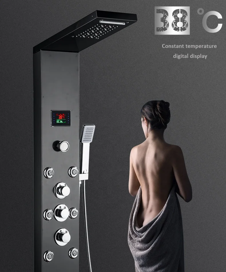 Multifunction Rainfall Wall Mounted Shower Panel with LED High Quality Thermostatic Stainless Steel Contemporary
