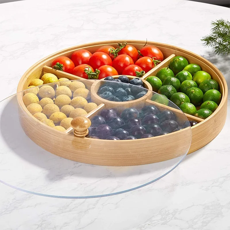 5 Compartments Snacks Party Tray Bamboo Round Plate Dish Food Serving Platter Tray With Glass lid