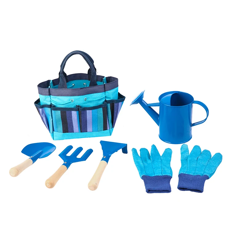 Children garden planting tools set with bag spade fork rake watering can
