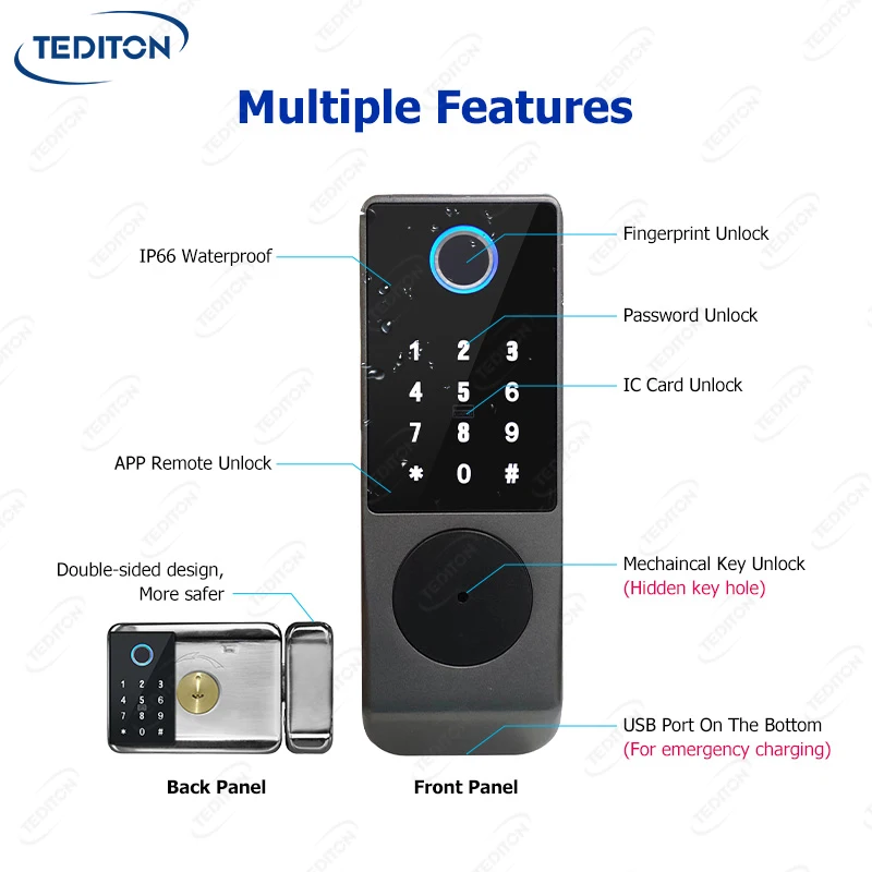 Tediton IP66 Waterproof Remote Control Tuya Smart App Password Code Card Rim Double Sided Fingerprint Smart Door Lock