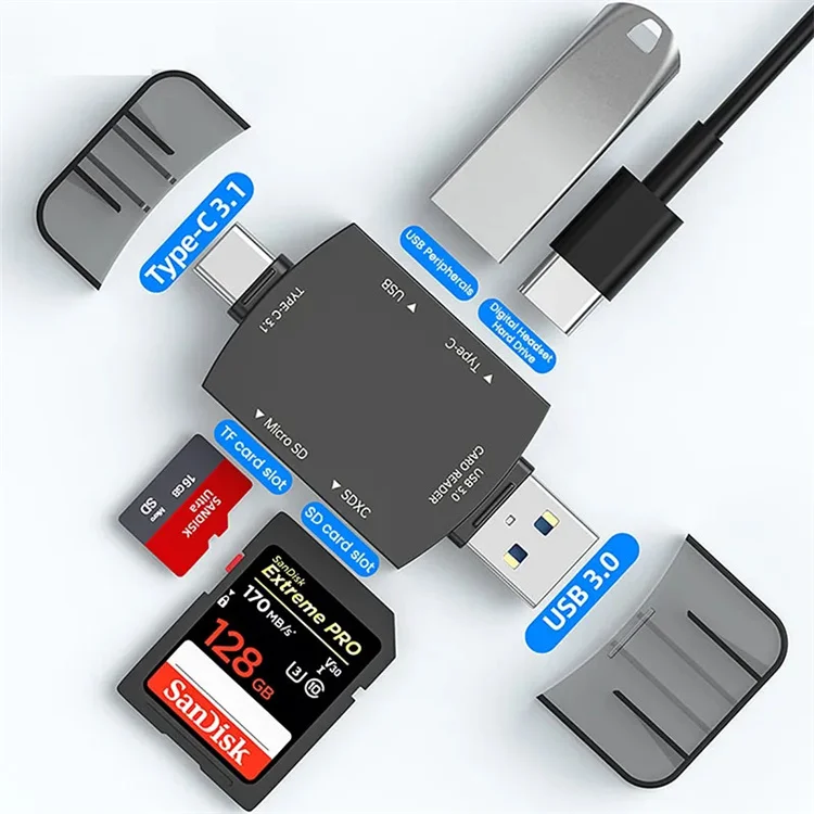 6-in-1 High Speed Card Reader Flash Drive Memory Card Reader Type C 3.1 To USB 3.0 OTG Adapter Support Dual TF SD Card
