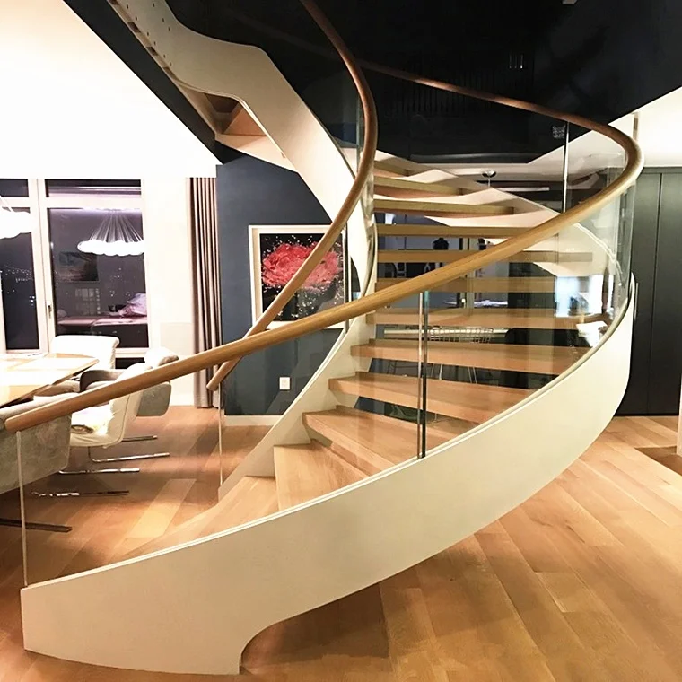 New Design Steel Wood Curved Stairs/ internal Residential Double Stringer Curved Staircase/glass  Spiral   stair