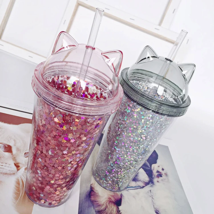 Новейшая стильная многоразовая чашка boba с двойными стенками летняя пластиковая прозрачная для кошки трубочкой на заказ
