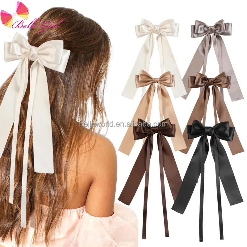 BELLEWORLD customized logo women girls elegant smooth handmade satin ribbon bow hairpins two-layer long ribbon bowknot hair clip