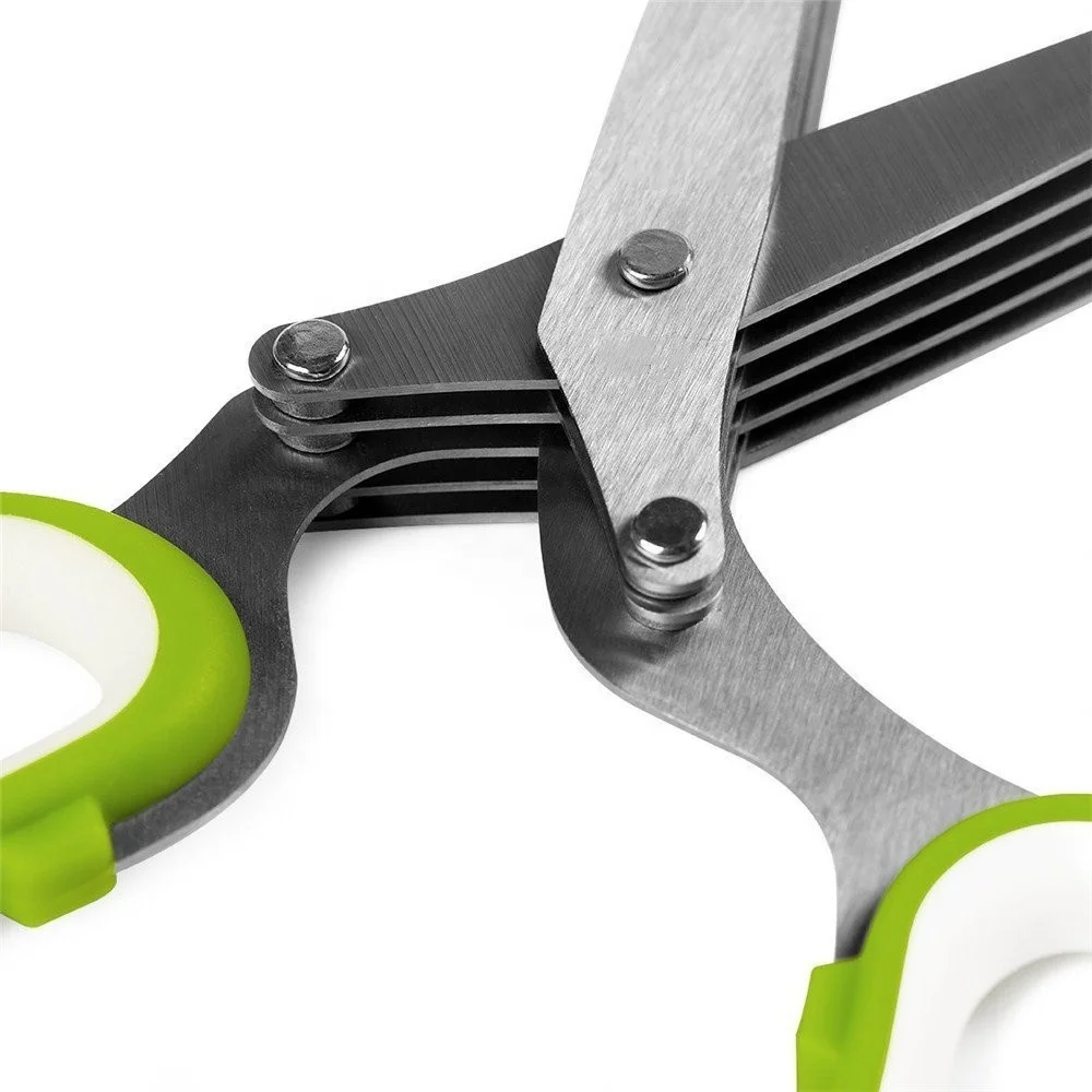 Multipurpose 5 Blade Kitchen Herb Vegetable Scissors Cutting Shear With Safety Cover And Cleaning Comb