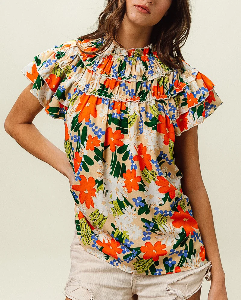 Loveda Custom Multi Color Floral Print Woven Blouse Tiered Ruffles Stand Collar Cap Sleeve Top For Summer