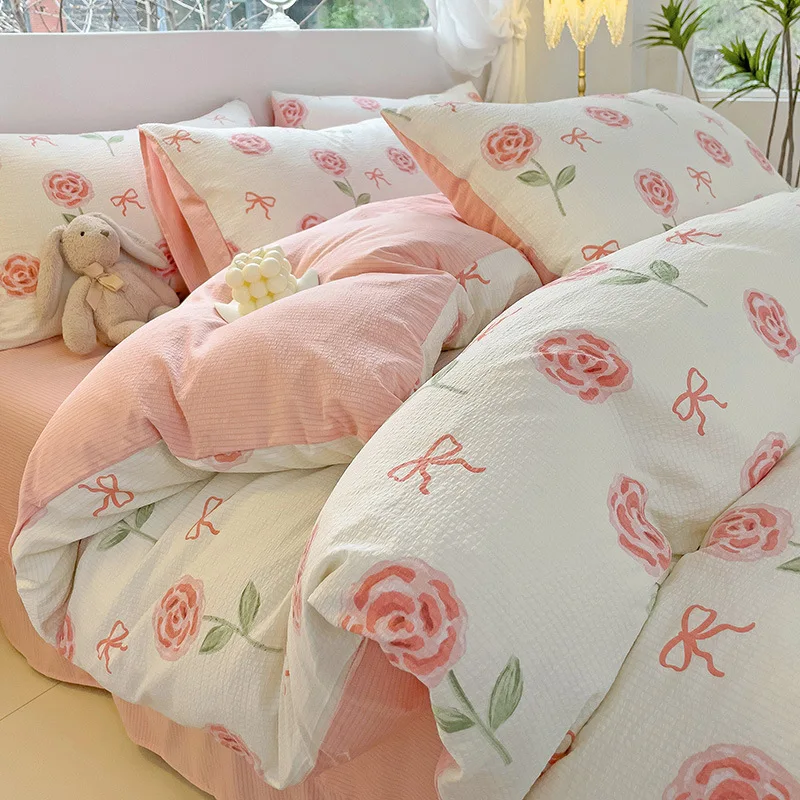 Aoyatex 2024 New Arrivals Luxury bedding sets Jacquard Washed bubble Gauze Bed sheets set Cute Four-piece set