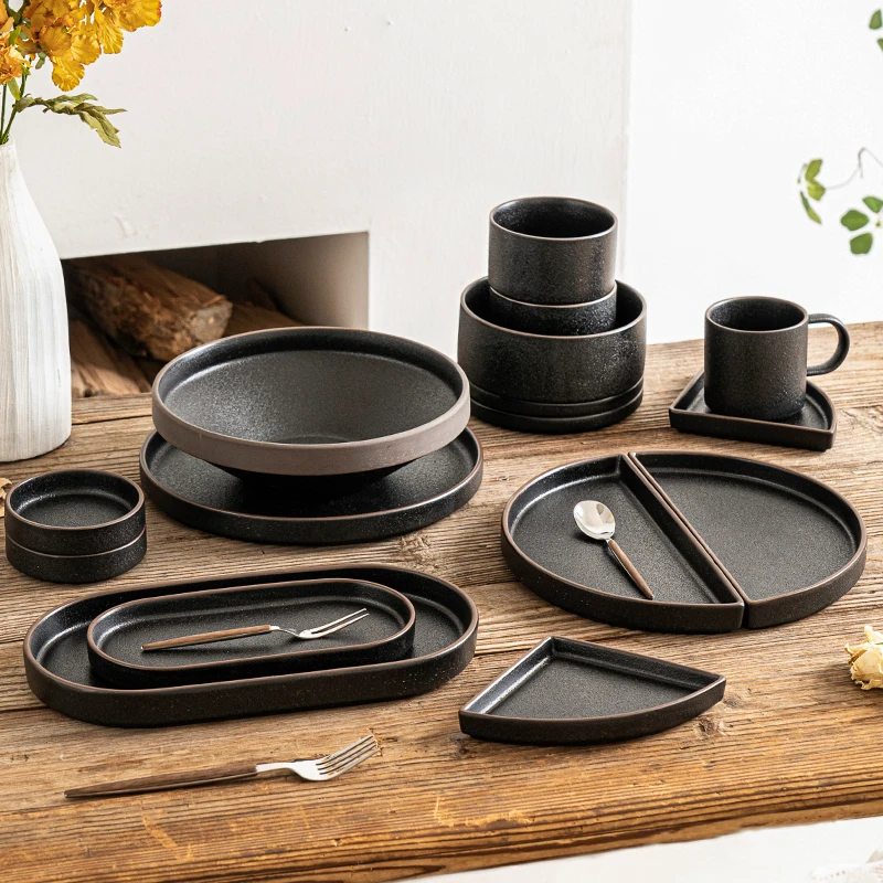 Black Clay Oval Ceramic Steak Plates Restaurant Tableware Retro Half Disk Salmon Sushi Snack Appetizer Plates