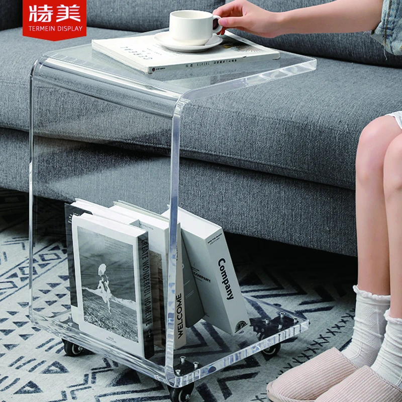 Hot Sale Clear Living Room Furniture Snack Table On Wheels Acrylic Coffee Side Table