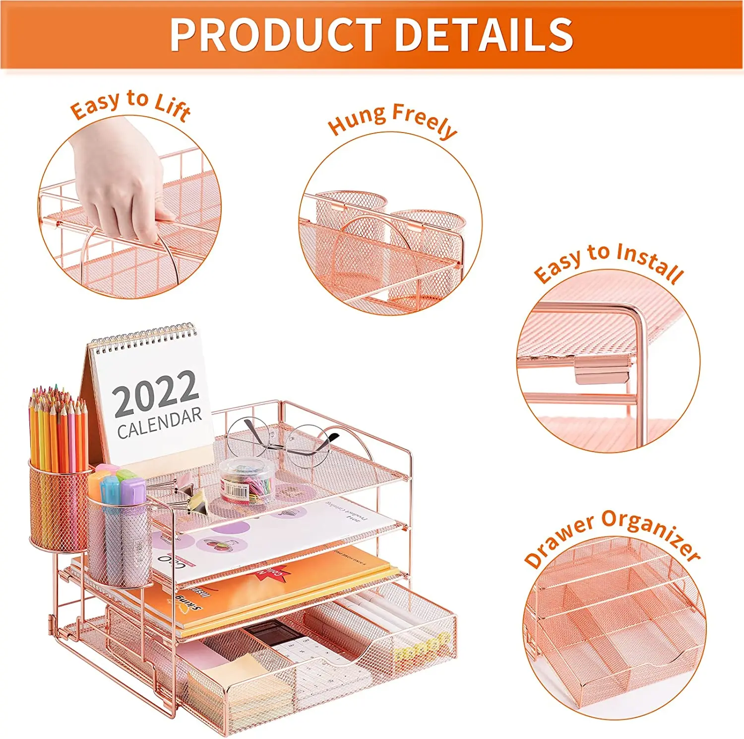 Rose Gold Desk Organizers with Drawer, 4-Trays Desktop File Organizer with Pen Holder  Paper Organizers and Storage for Desk