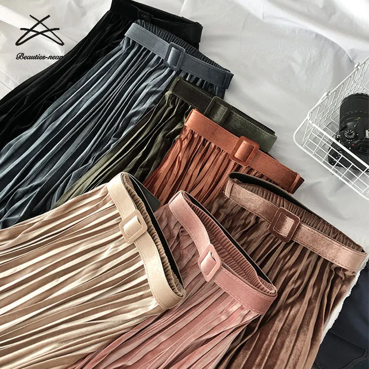 Women Korean Ladies Belt Ladies Velvet Pleated Elegant Womens Aline High Waist Midi Skirts