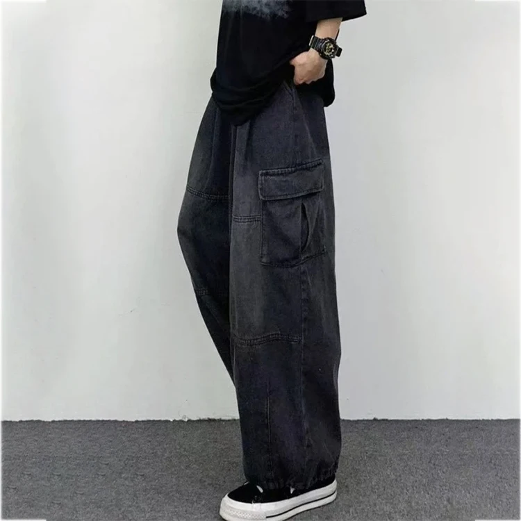 New arrival Hip-Hop baggy jeans men Washed vintage Multi-Pocket cargo jeans men Street Skateboard Hem drawstring denim Jeans
