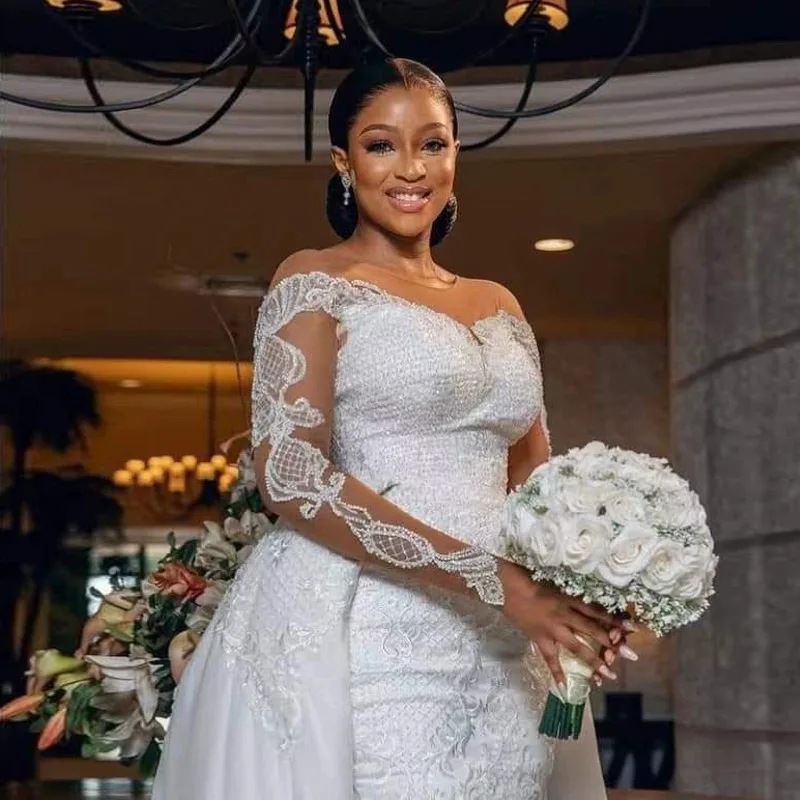 7141 New African Bride Mermaid Detachable Tailing Wedding Dress Long Sleeve Lace Mesh Bridal Wedding Gown