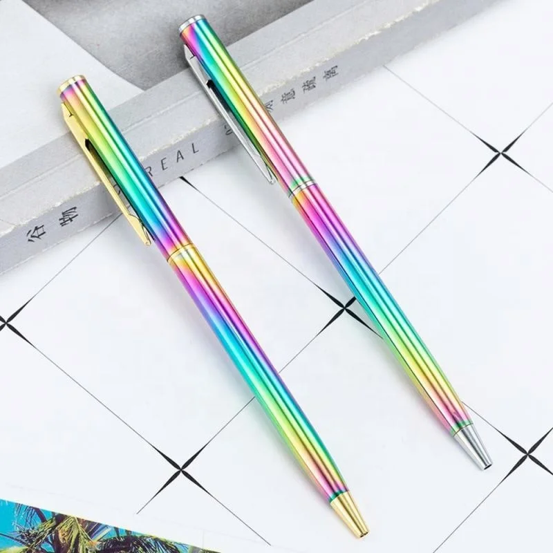 Hotel Slim Promotional Gifts Good Looking Bright Rainbow Metal Pen Iridescent Holographic Stationery Ballpoint Pen