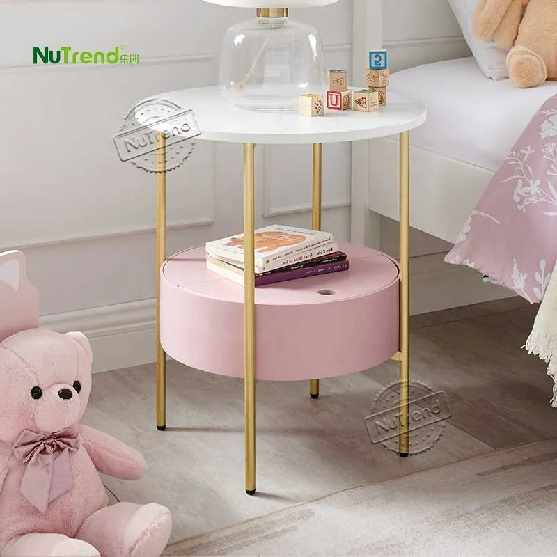 Wooden and Gold Metal MDF Round Small Kids Bedroom USB Nightstands Nordic Living Room Sofa End Bed Modern Side Table