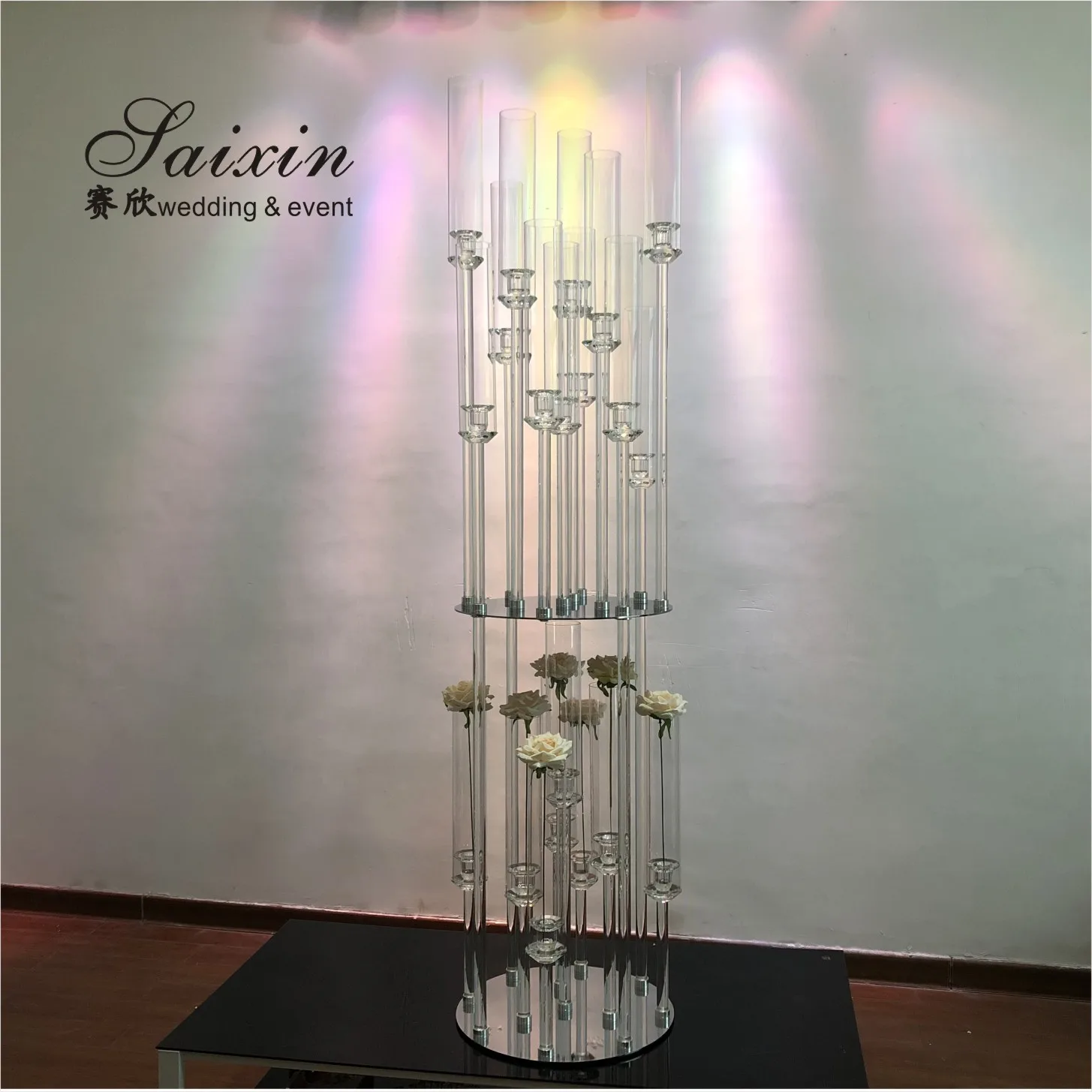 ZT-528C glass tall etched Hurricane candlestick crystal double layer candle holders for large wedding