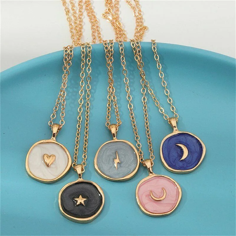 European and American Stars Moon Round Pendant Necklace Jewelry Colorful Oil dripping Gold Plated Lightning Heart Necklace