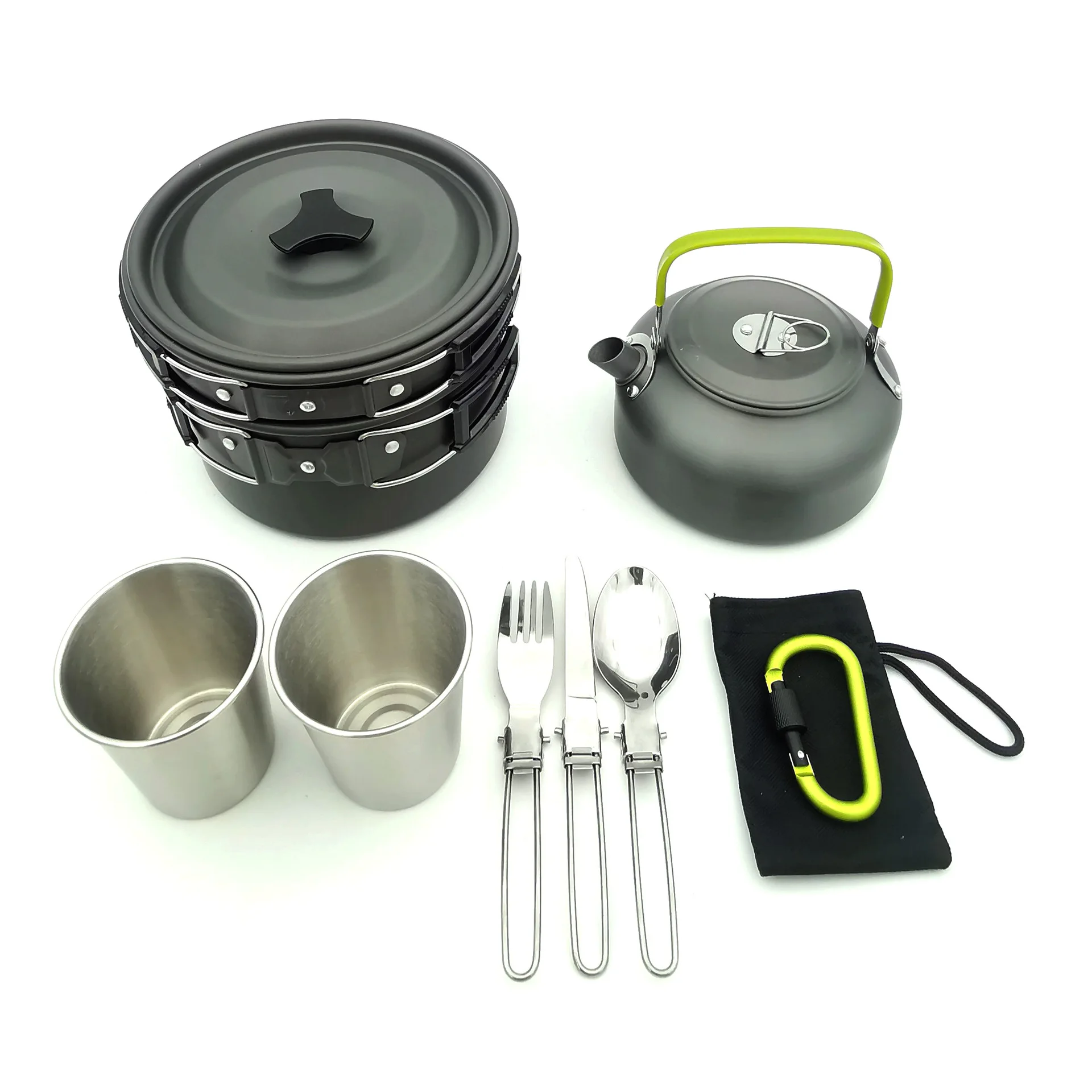 Outdoor Camping 2-3 People Cookware Mess Kit With Folding Stove Lightweight Pot Pan Kettle Set With Plates Forks Knives Spoons