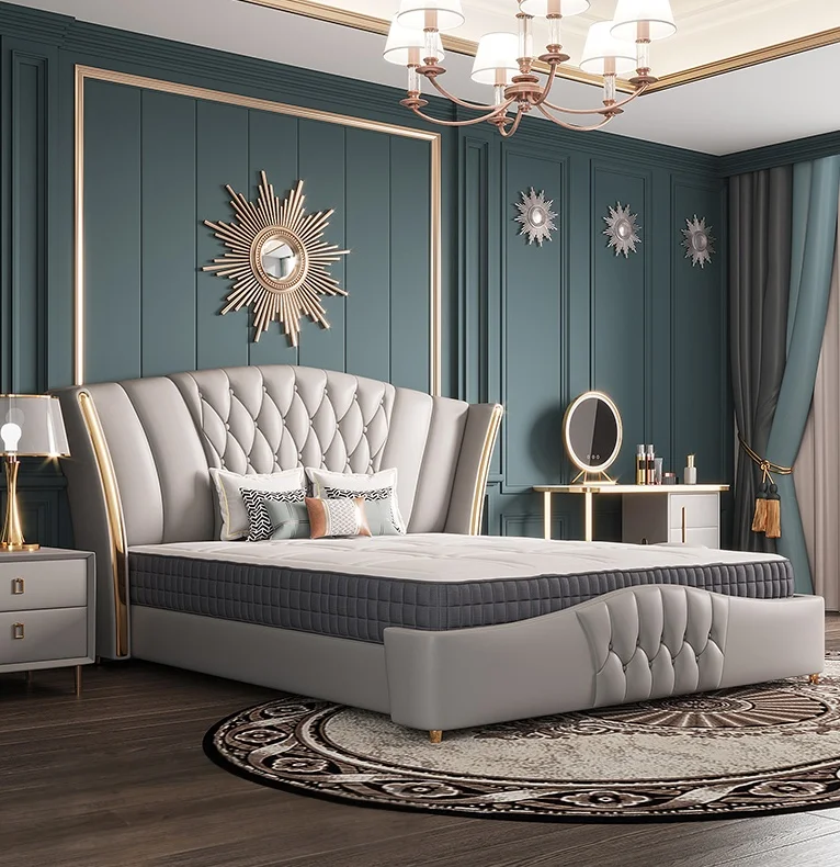 Royal modern Furniture bedroom set blue genuine leather double beds Italian Luxury home furniture king size bed
