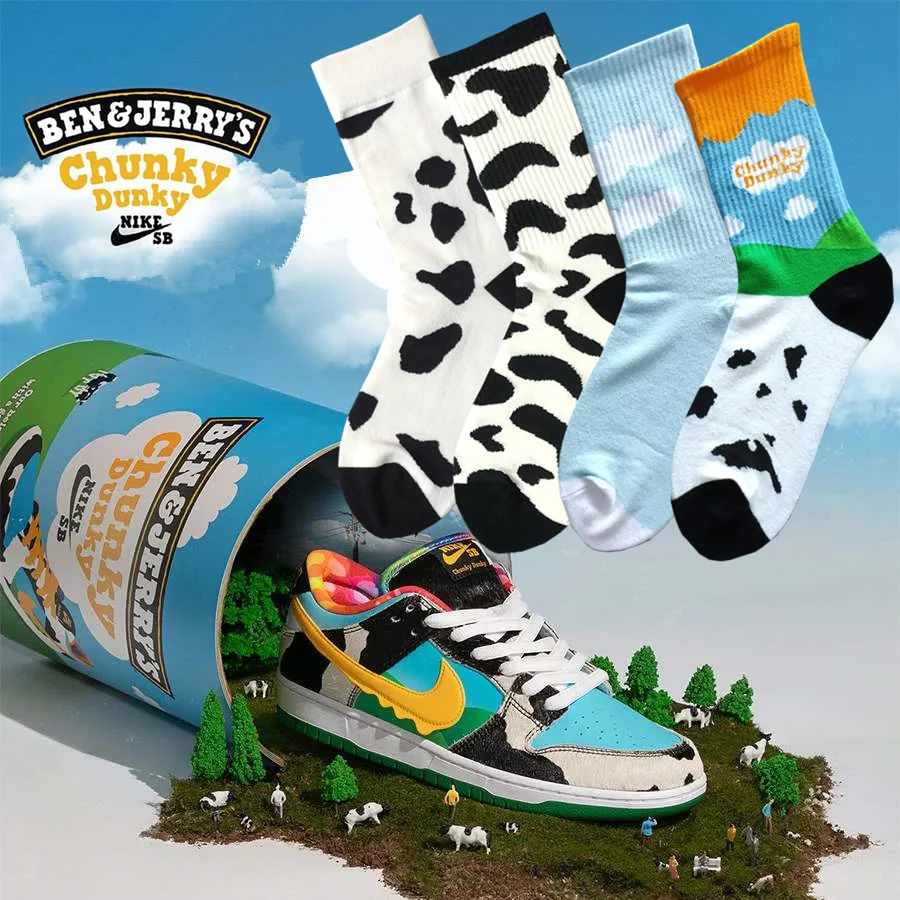 Hot Trending Funny NK Socks Dunk Ben&Jerry Sport Tube Fashion Socks Topquality Unisex Branded Fashion Sneaker Socks Cow Prints