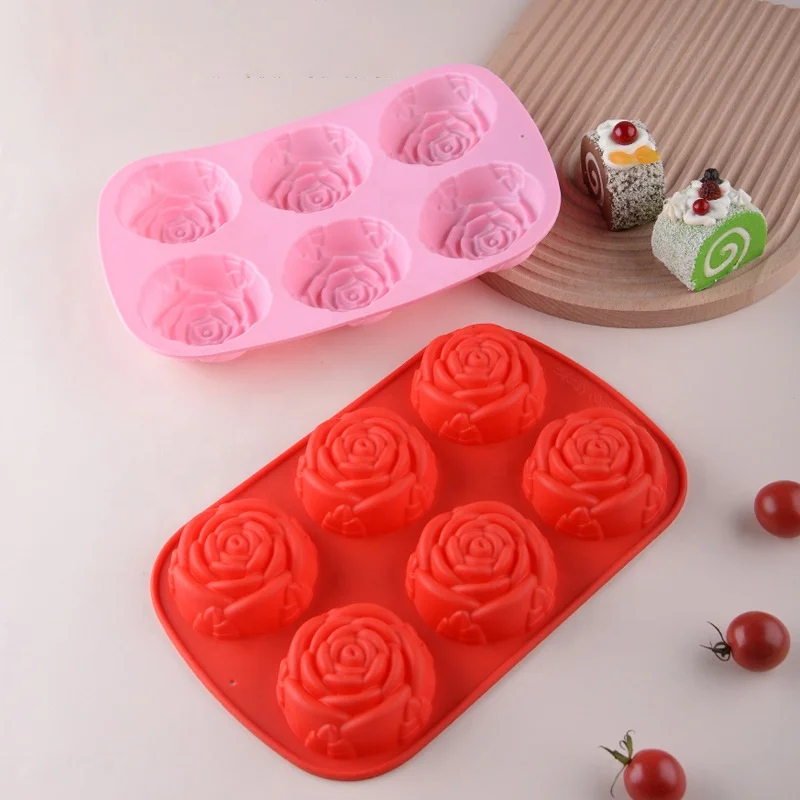 6 Cavity Food Grade Non-Stick 3D Rose Flower Silicone Mold Chocolate Ice Handmade Soap Baking Cake Silicone Mold