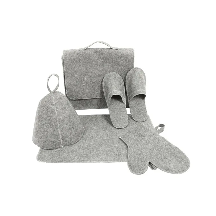 5 pieces Sauna Accessories Slippers Gloves Seat Cushion Set Felt Sauna Hat  With Storage Bag